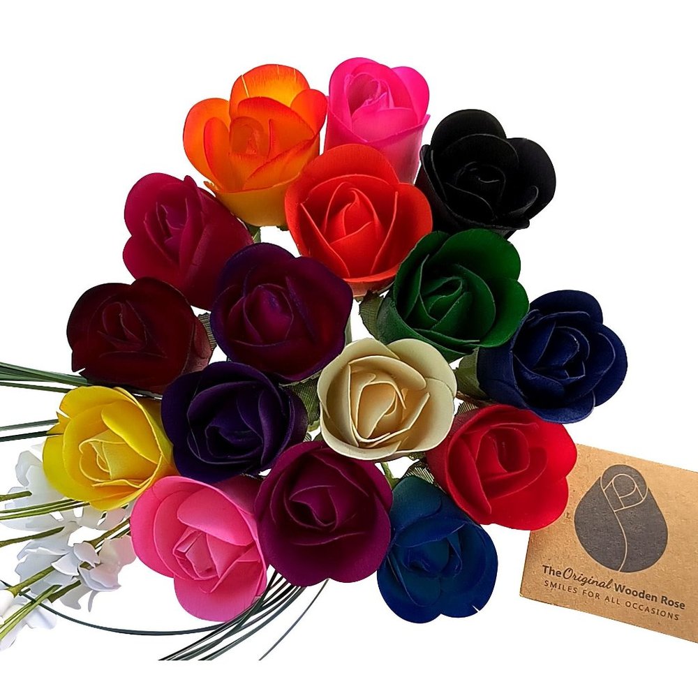 16 Assorted Half Open Bud Wooden Rose Bouquet. The Original Wooden Rose